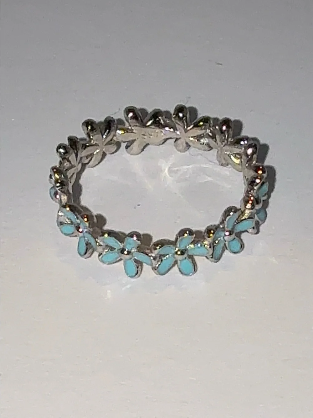 Silver Flower Band Ring with Turquoise Enamel